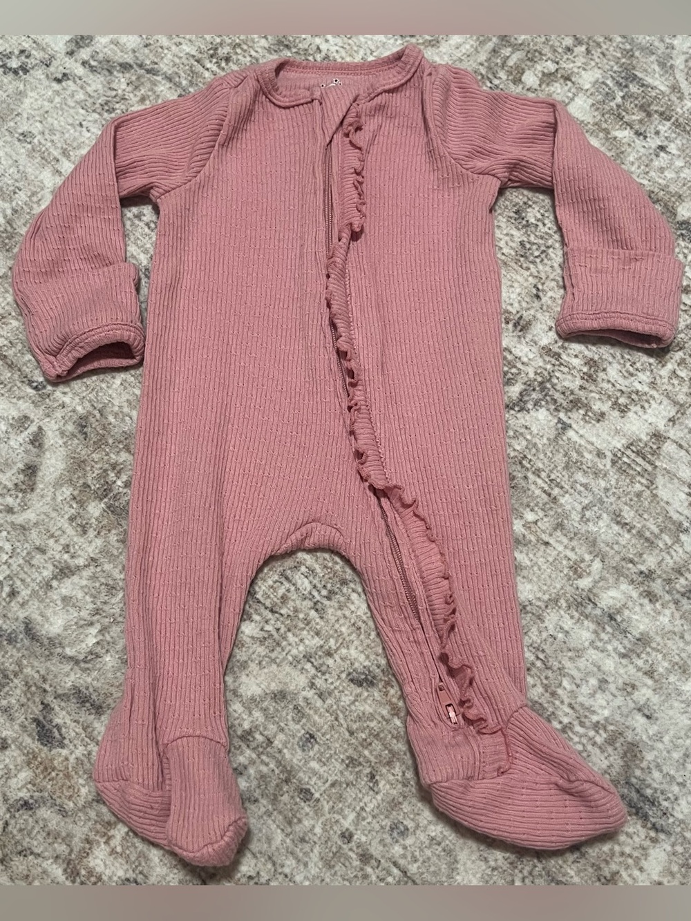 Ribbed Rose Pink Footed One-Piece with Ruffle Zip
